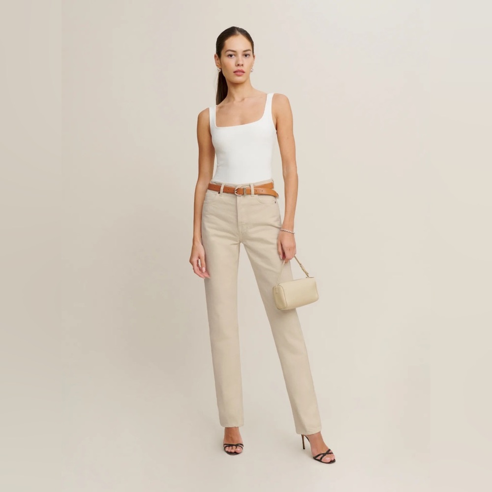 Reformation Cynthia High Rise Straight Long Jeans in Almond, Size 30